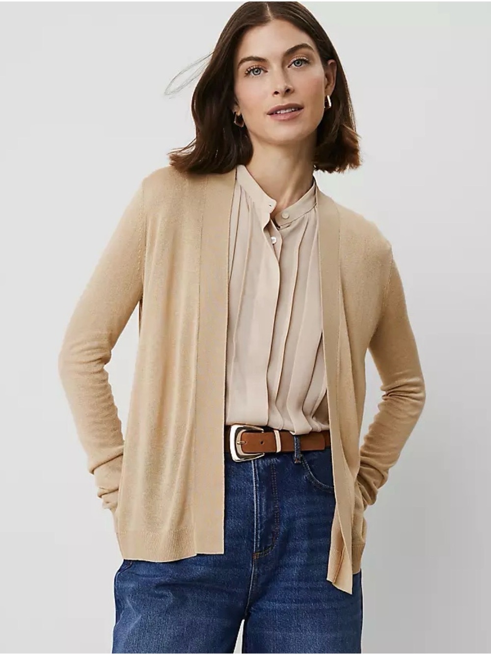 Ann Taylor Cardigan Sweater Medium Beige Tan Open Front 100% Viscose Lightweight